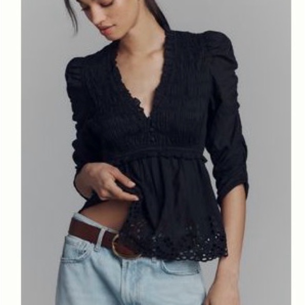 Anthropologie Ruched Sleeve Smocked Blouse